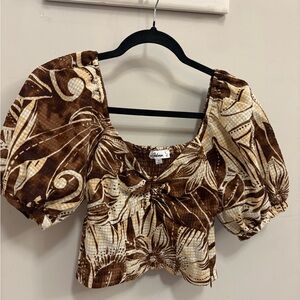 Sam Edelman Brown and Cream Floral Puff Sleeve Blouse